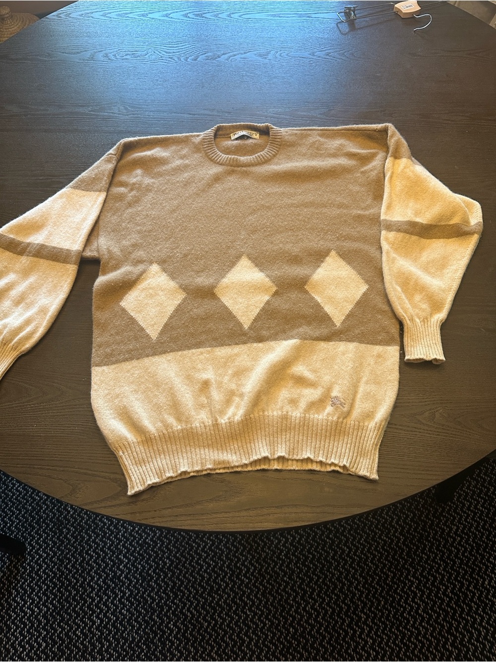 Burberry Beige and Tan Crewneck Sweater 100% pure lambswool made in Scotland